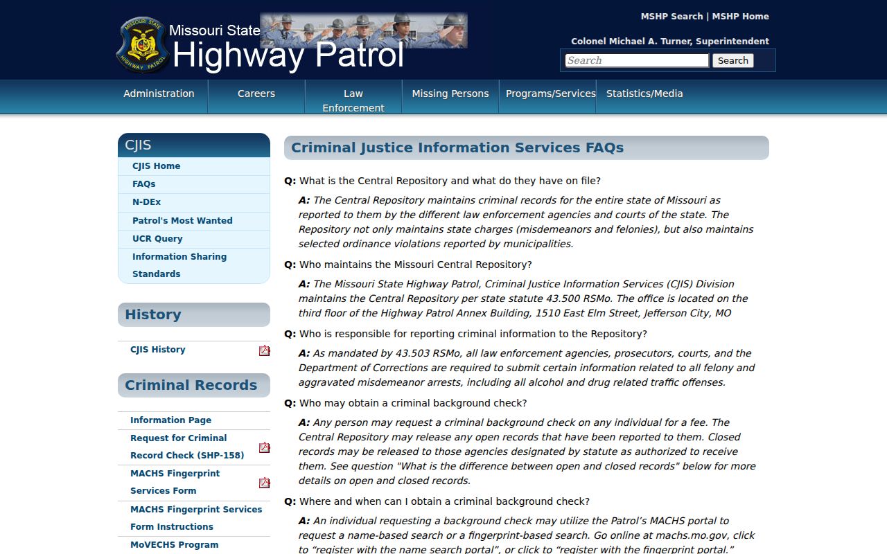 Cooper County arrest history in Missouri State Highway Patrol Central Repository guidance