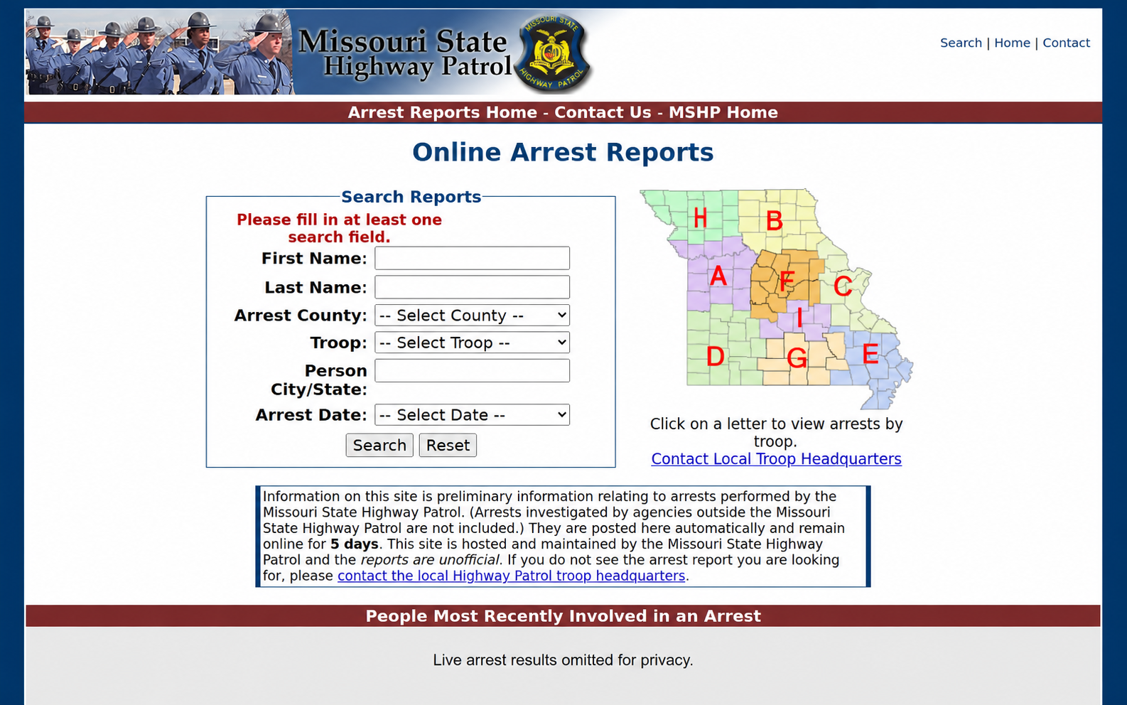Cooper County arrest history in the Missouri State Highway Patrol five-day report search with names redacted