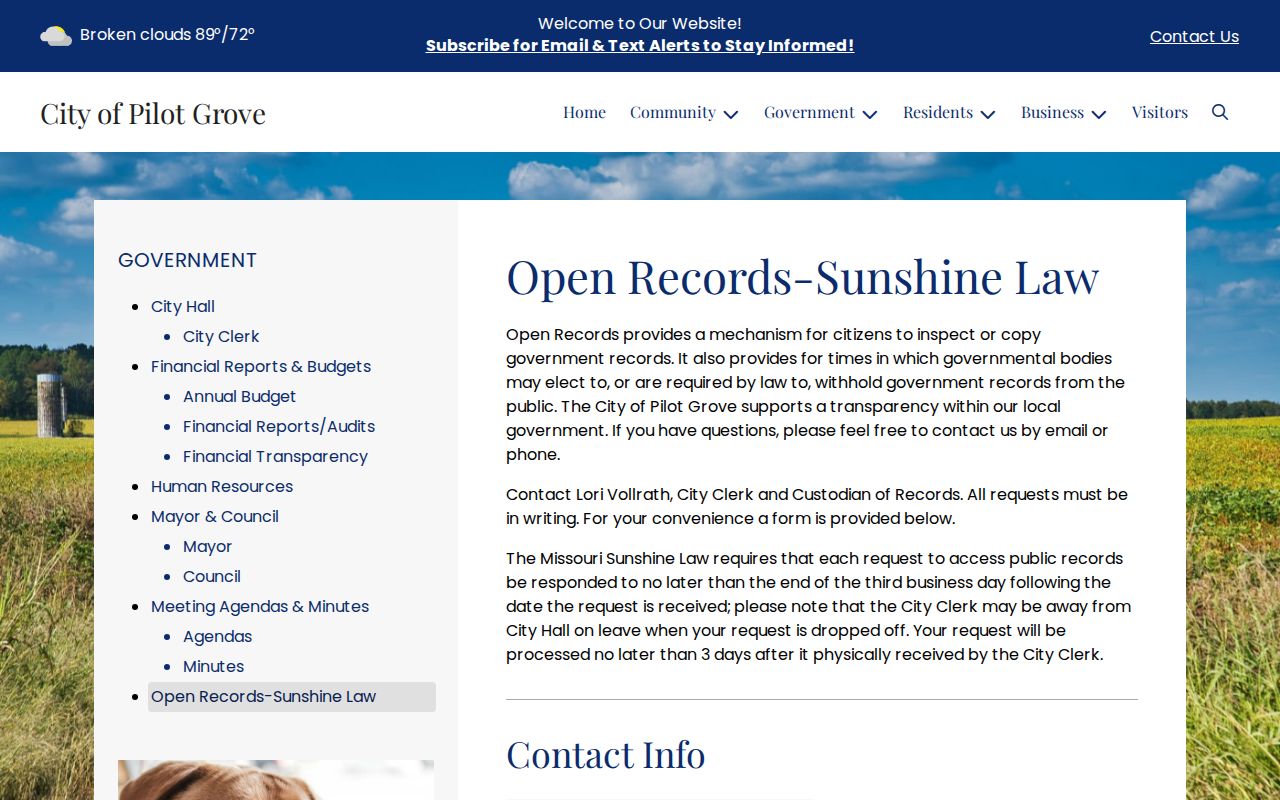Pilot Grove criminal records open records and Sunshine Law page