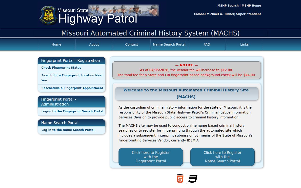 Cooper County criminal history MACHS fingerprint enrollment portal